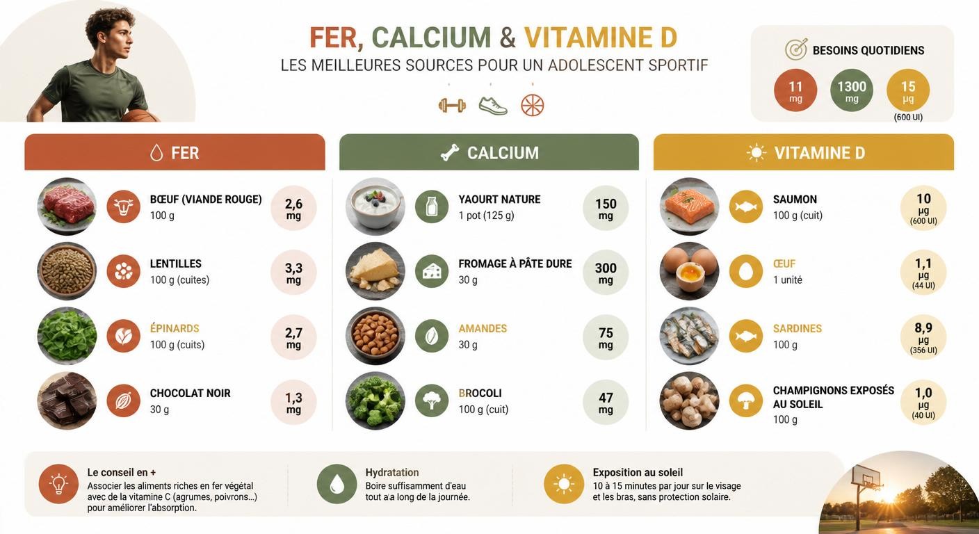 Sources de fer, calcium et vitamine D pour un ado sportif