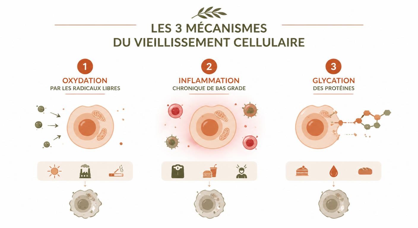 Infographie expliquant l'oxydation, l'inflammation et la glycation, trois mécanismes du vieillissement