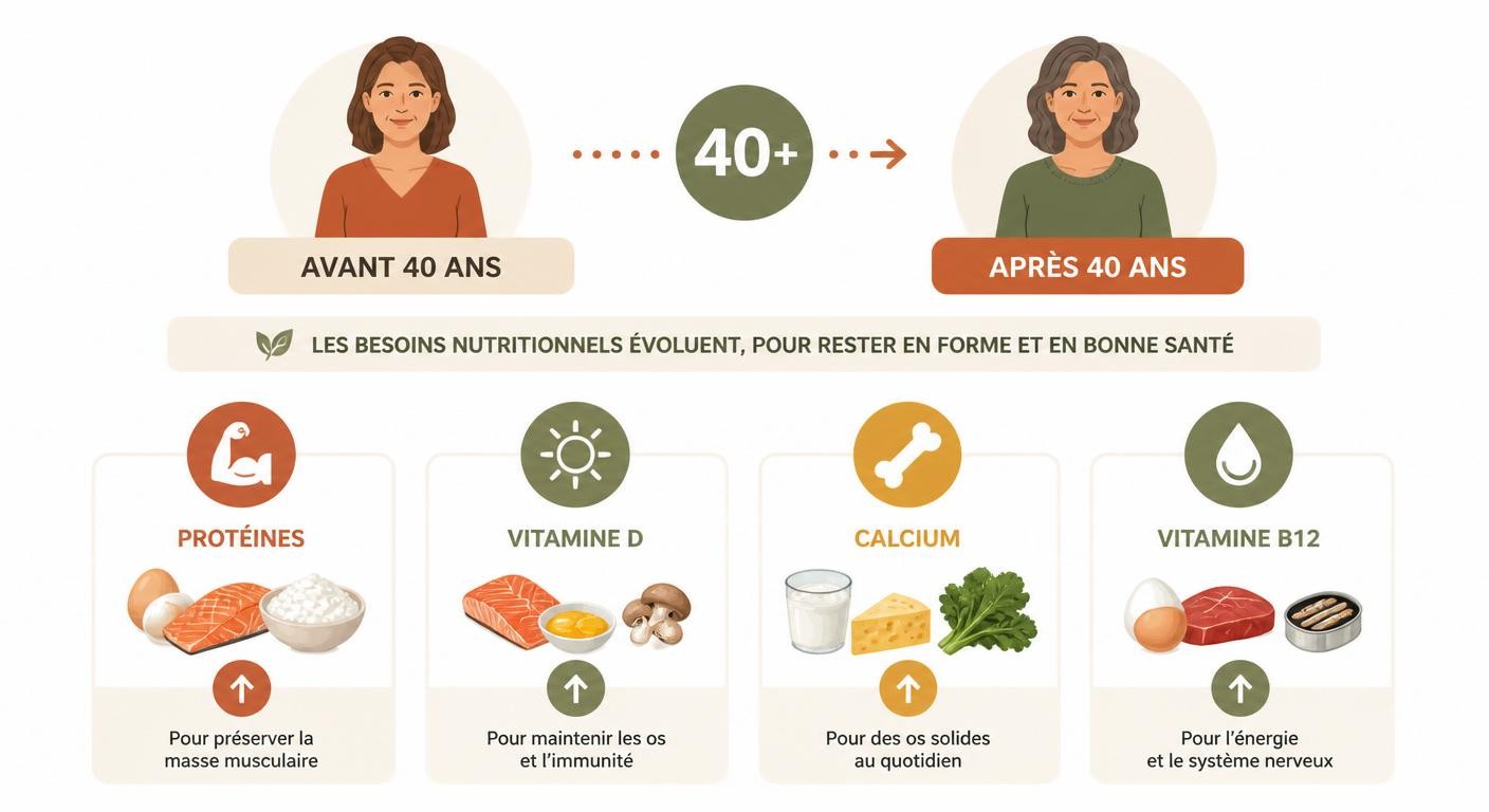 Infographie des besoins nutritionnels qui évoluent après 40 ans