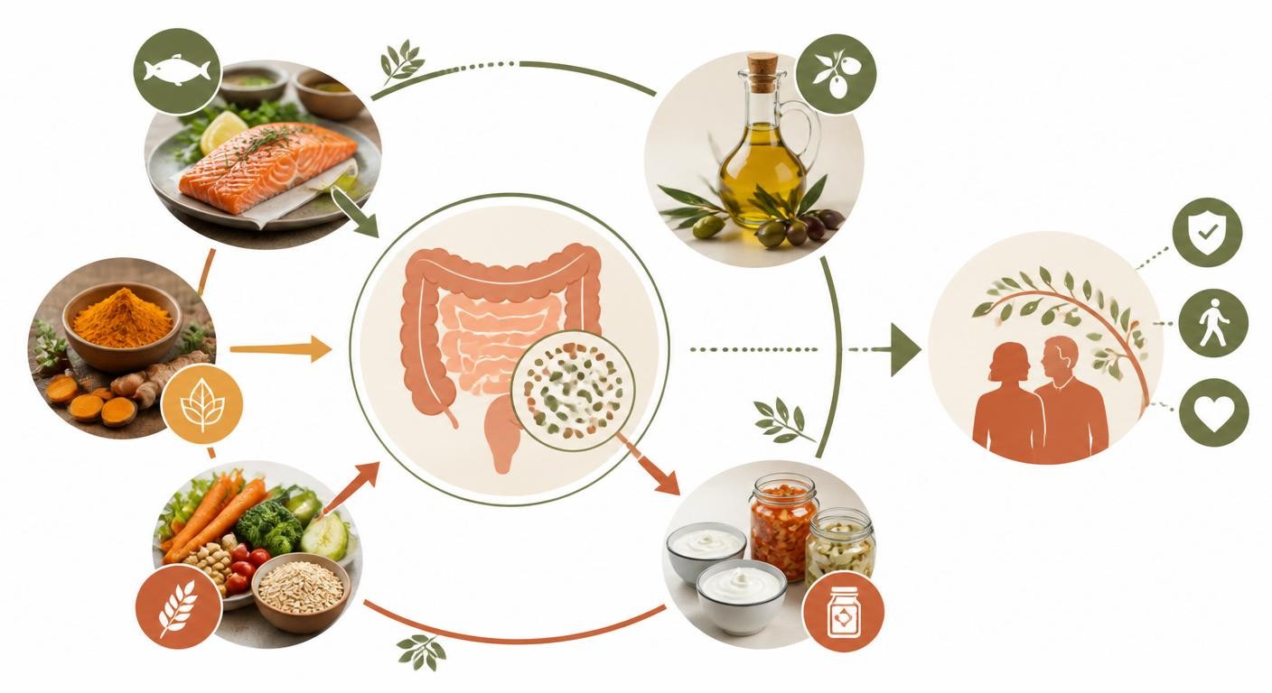 Infographie des aliments anti-inflammatoires et du microbiote pour la longévité