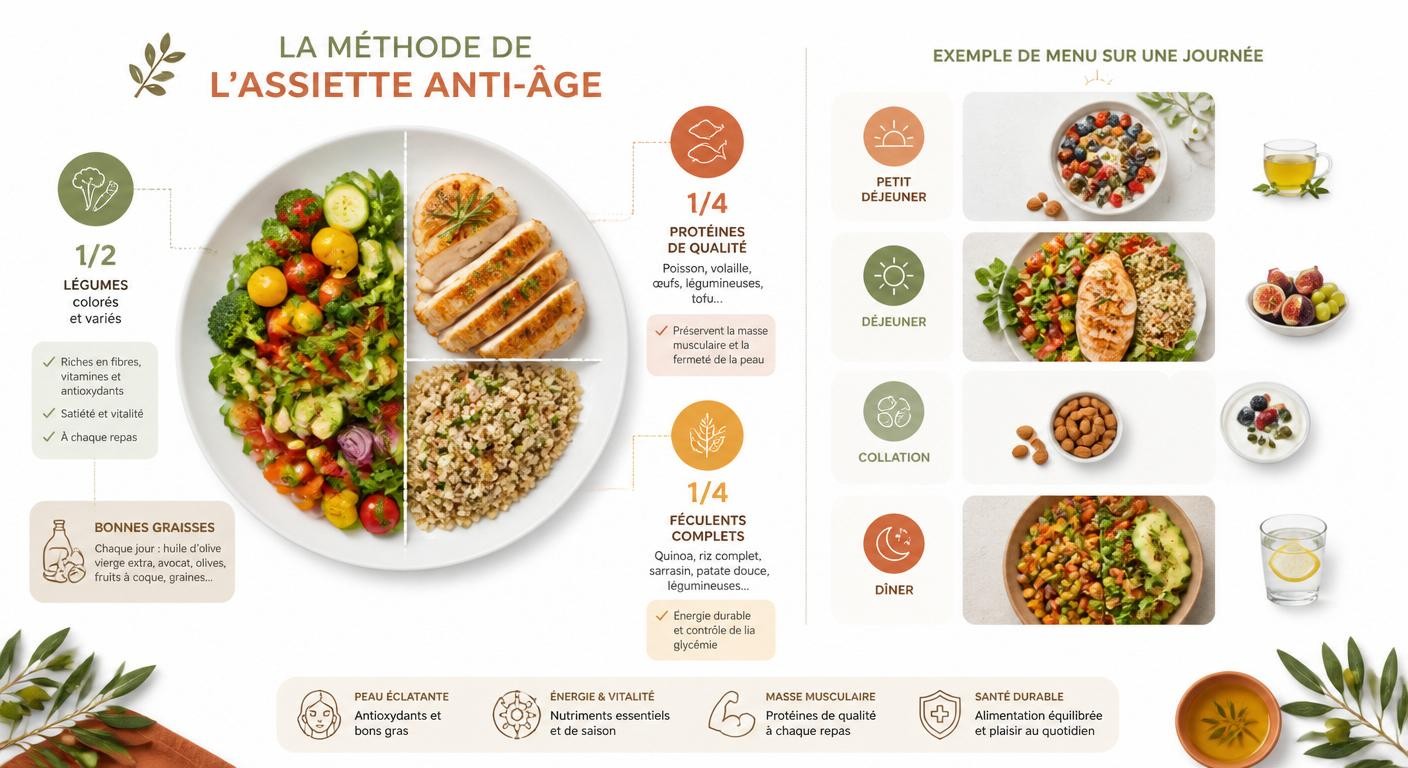 Infographie de l'assiette anti-âge et d'un menu type sur une journée