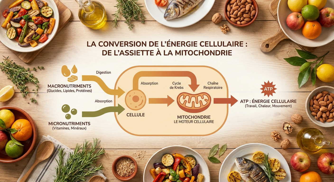 Infographie expliquant la conversion des nutriments en énergie cellulaire