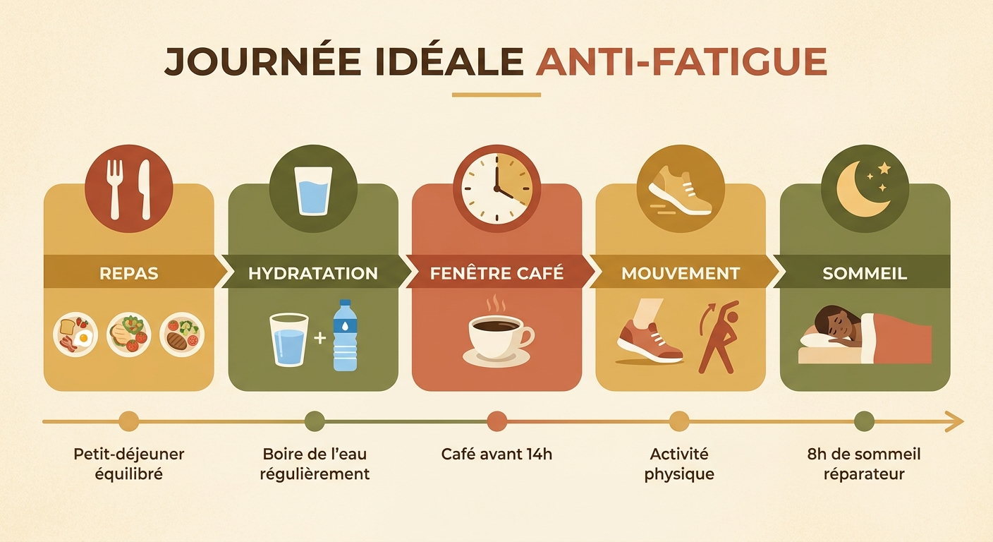Infographie de la journée idéale anti-fatigue en frise horaire