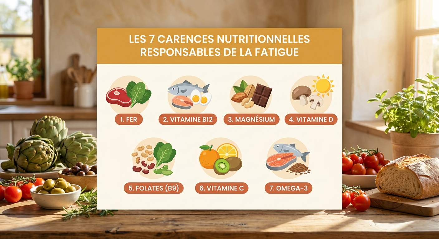 Infographie des 7 carences nutritionnelles à l'origine de la fatigue