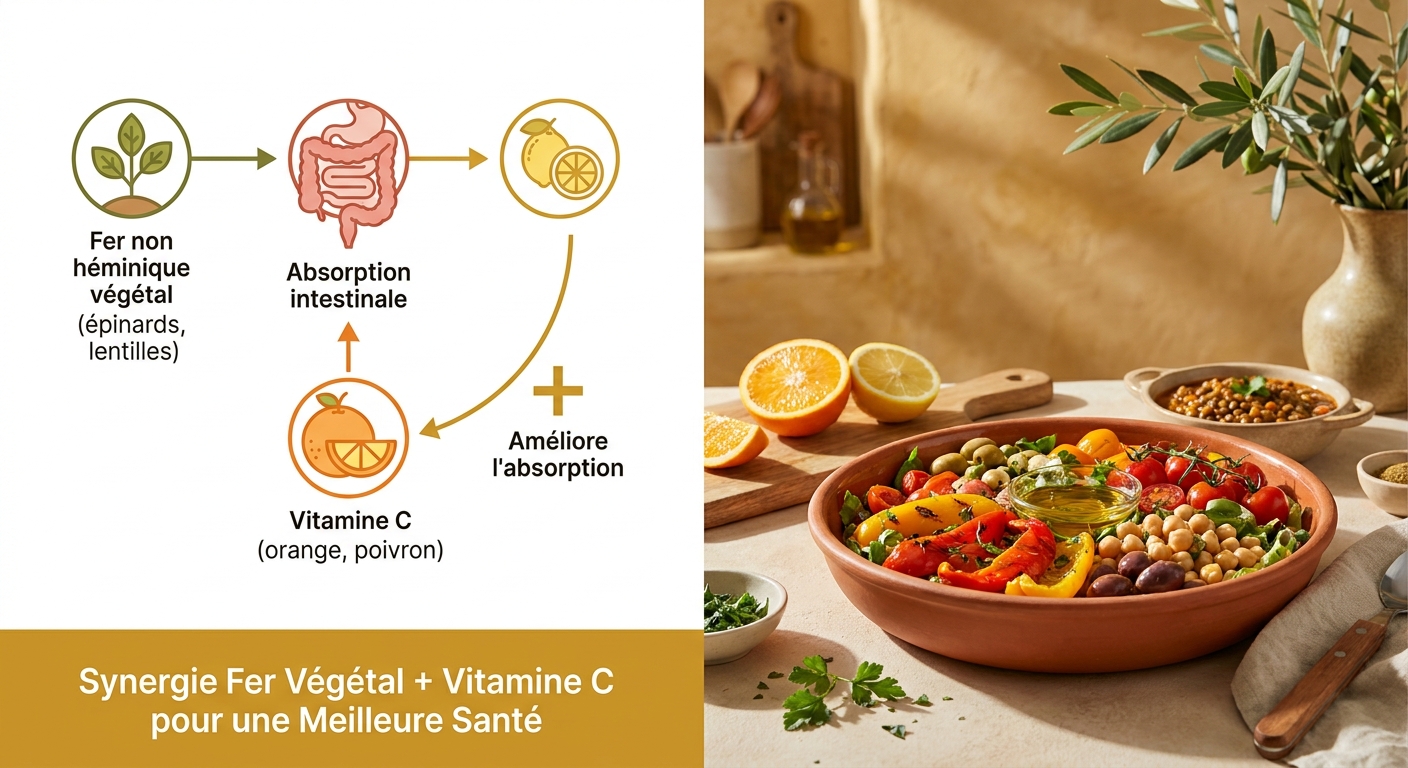 Infographie sur la synergie entre fer et vitamine C pour l'absorption