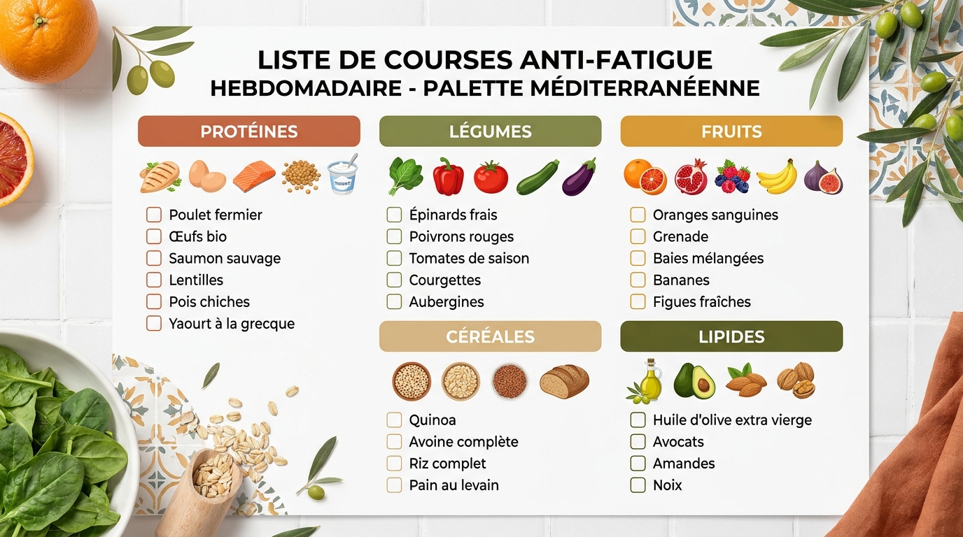 Infographie de la liste de courses anti-fatigue pour 7 jours