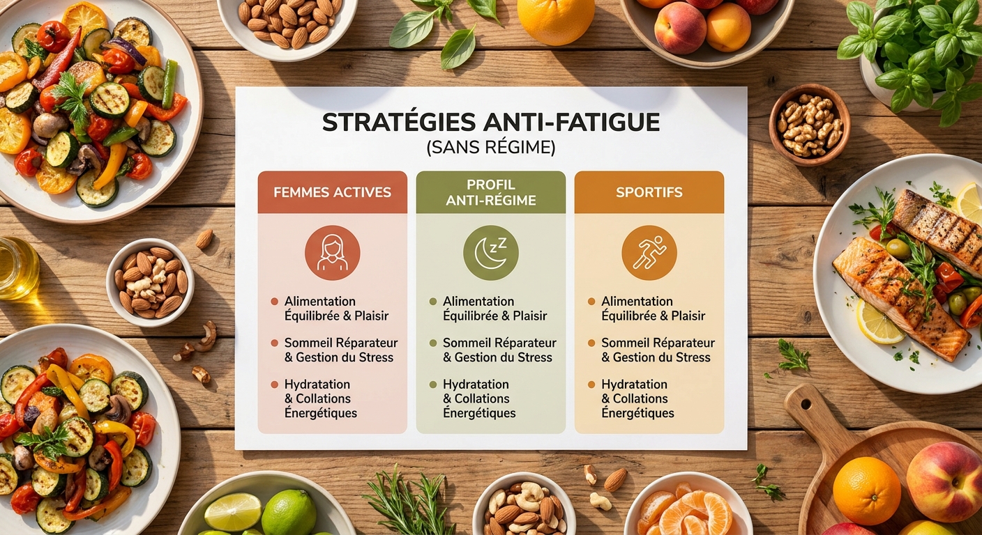 Infographie des 3 stratégies anti-fatigue par profil