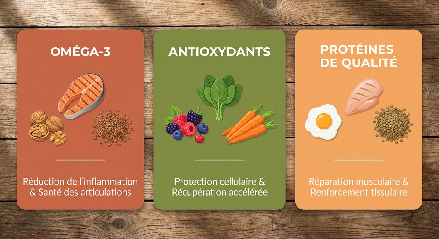 Infographie des trois piliers anti-inflammatoires pour sportif blessé