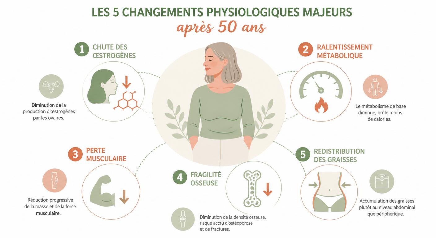 Infographie des cinq changements physiologiques de la femme après 50 ans