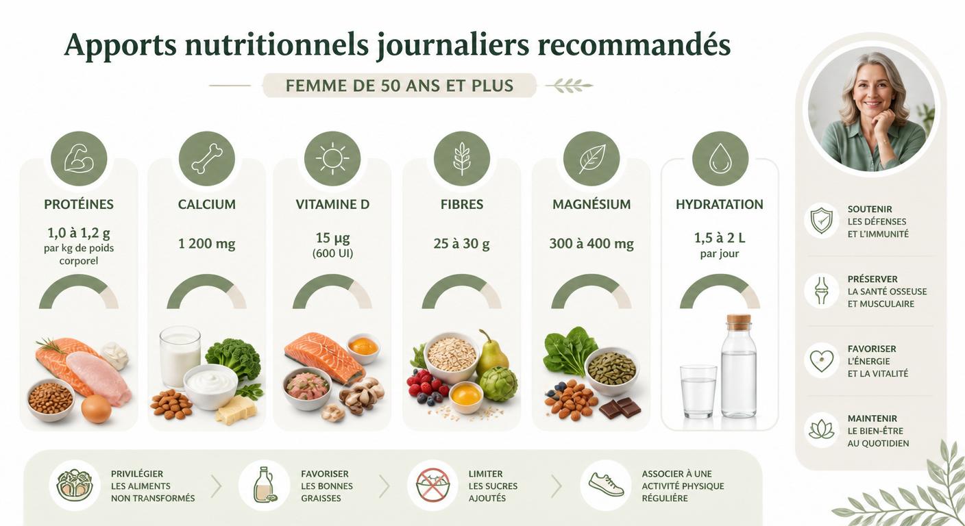 Infographie des apports nutritionnels journaliers recommandés pour une femme de plus de 50 ans