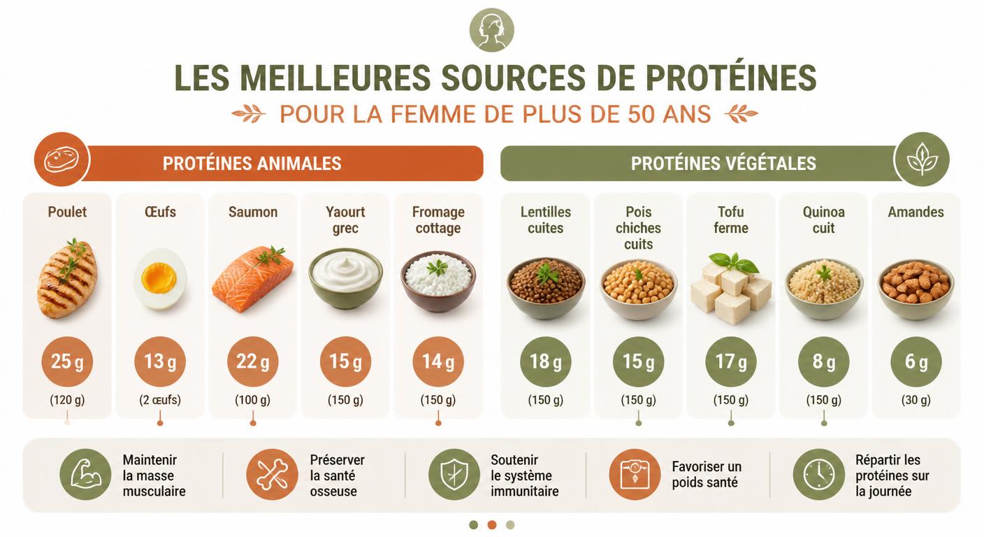 Infographie des meilleures sources de protéines animales et végétales pour la femme après 50 ans