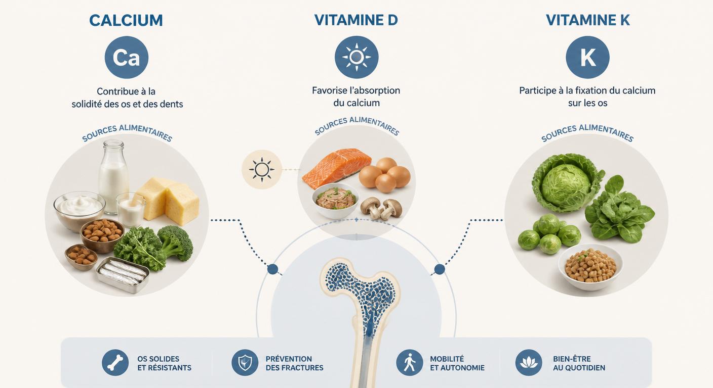 Infographie du trio calcium vitamine D et vitamine K pour la santé osseuse de la femme après 50 ans