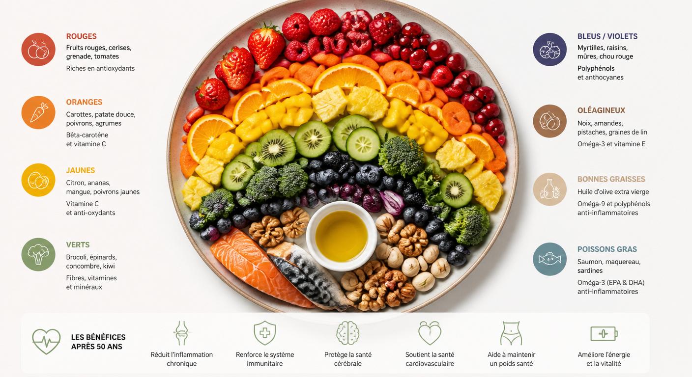 Infographie d'une assiette anti-inflammatoire pour la femme après 50 ans