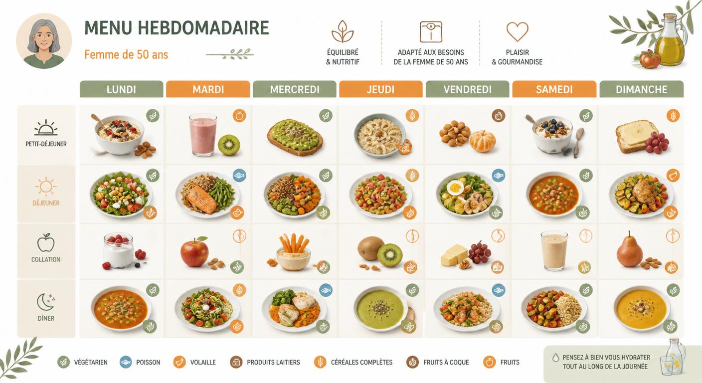 Infographie d'un menu équilibré sur 7 jours pour une femme de 50 ans