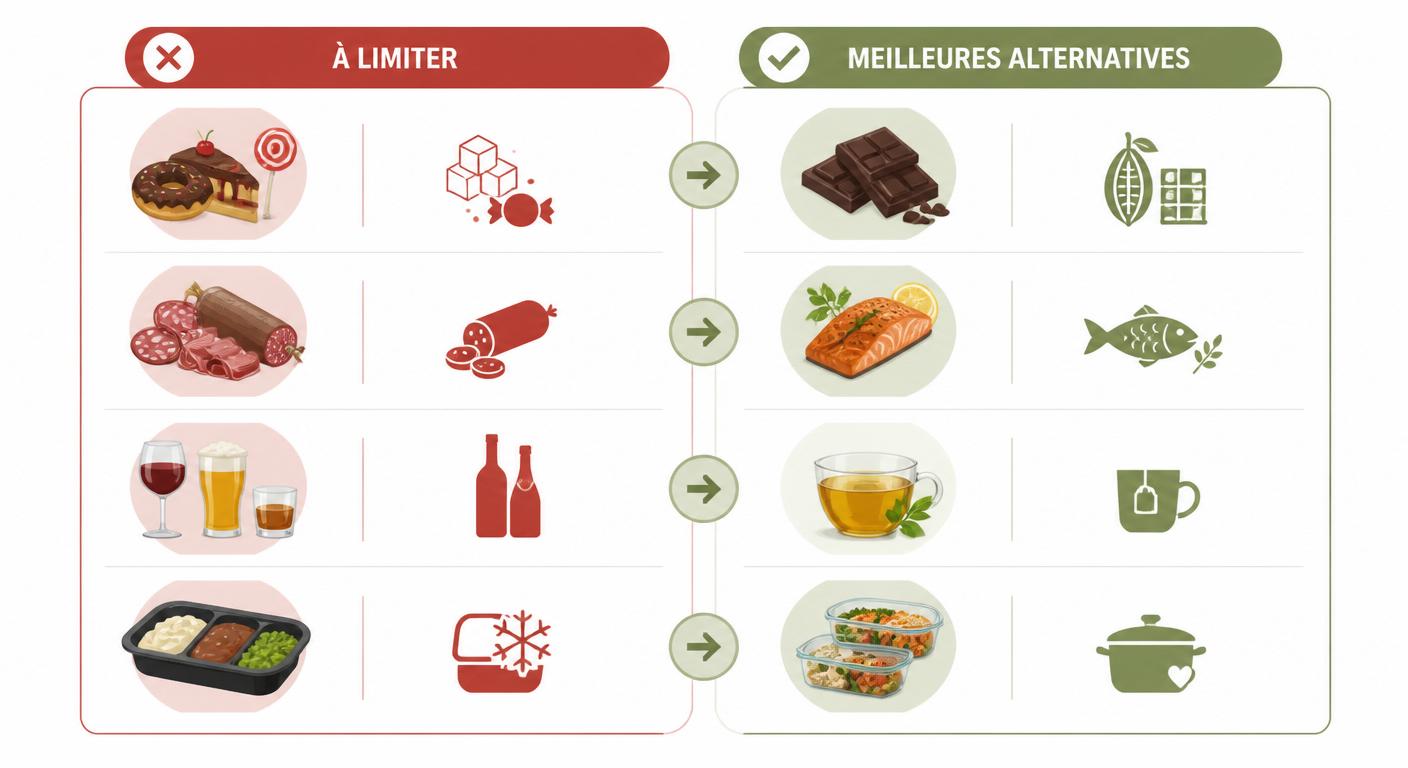 Infographie comparant aliments à éviter et alternatives gourmandes pour la femme après 50 ans