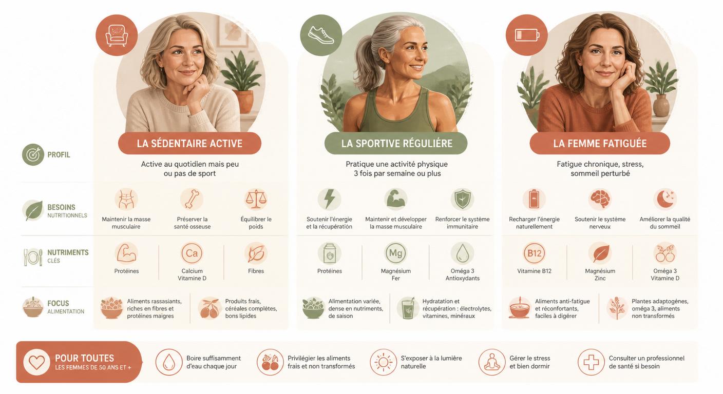 Infographie des trois profils nutritionnels typiques de la femme après 50 ans