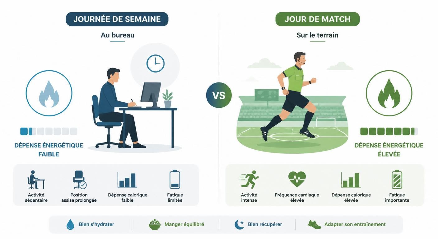 Comparatif d'une journée sédentaire et d'un jour de match pour un arbitre