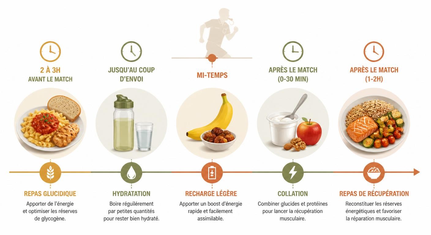 Frise chronologique de l'alimentation d'un arbitre avant, pendant et après un match