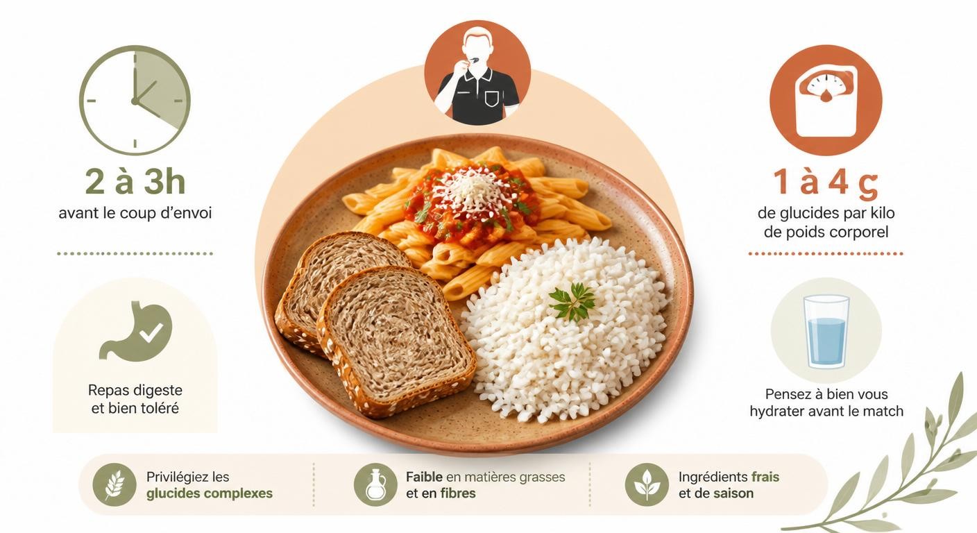 Composition et timing du repas glucidique d'avant-match pour un arbitre, deux à trois heures avant le coup d'envoi