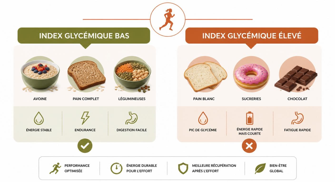 Infographie comparant les glucides à index glycémique bas et haut avant le sport