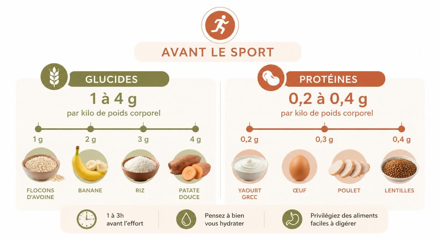 Infographie des besoins en glucides et protéines par kilo de poids corporel avant le sport