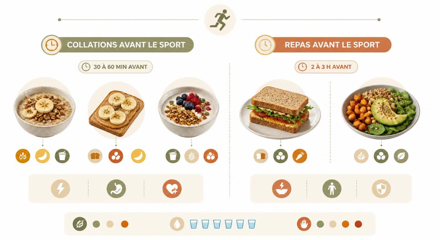 Infographie d'idées de collations et repas gourmands avant le sport