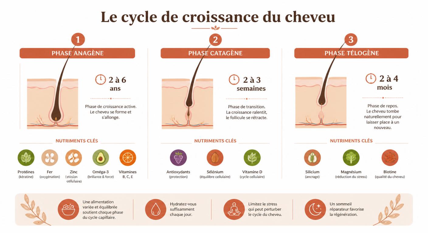 Infographie pédagogique du cycle de croissance du cheveu et nutriments associés