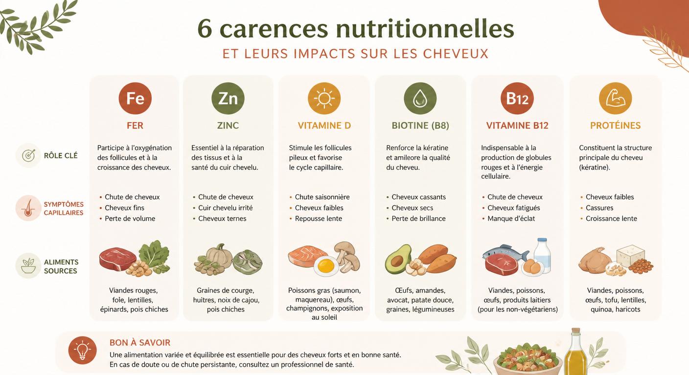 Infographie carences nutritionnelles et chute de cheveux