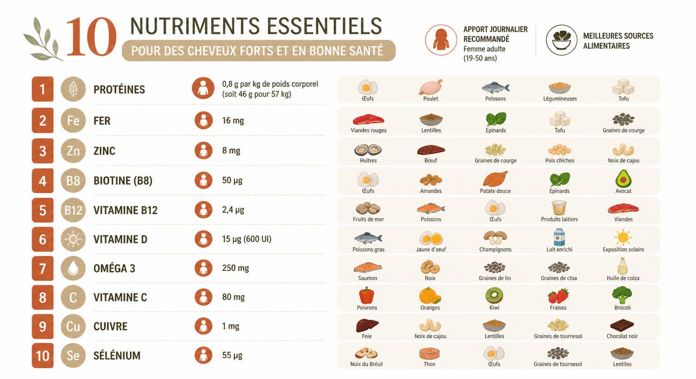 Infographie des nutriments essentiels pour les cheveux et apports journaliers