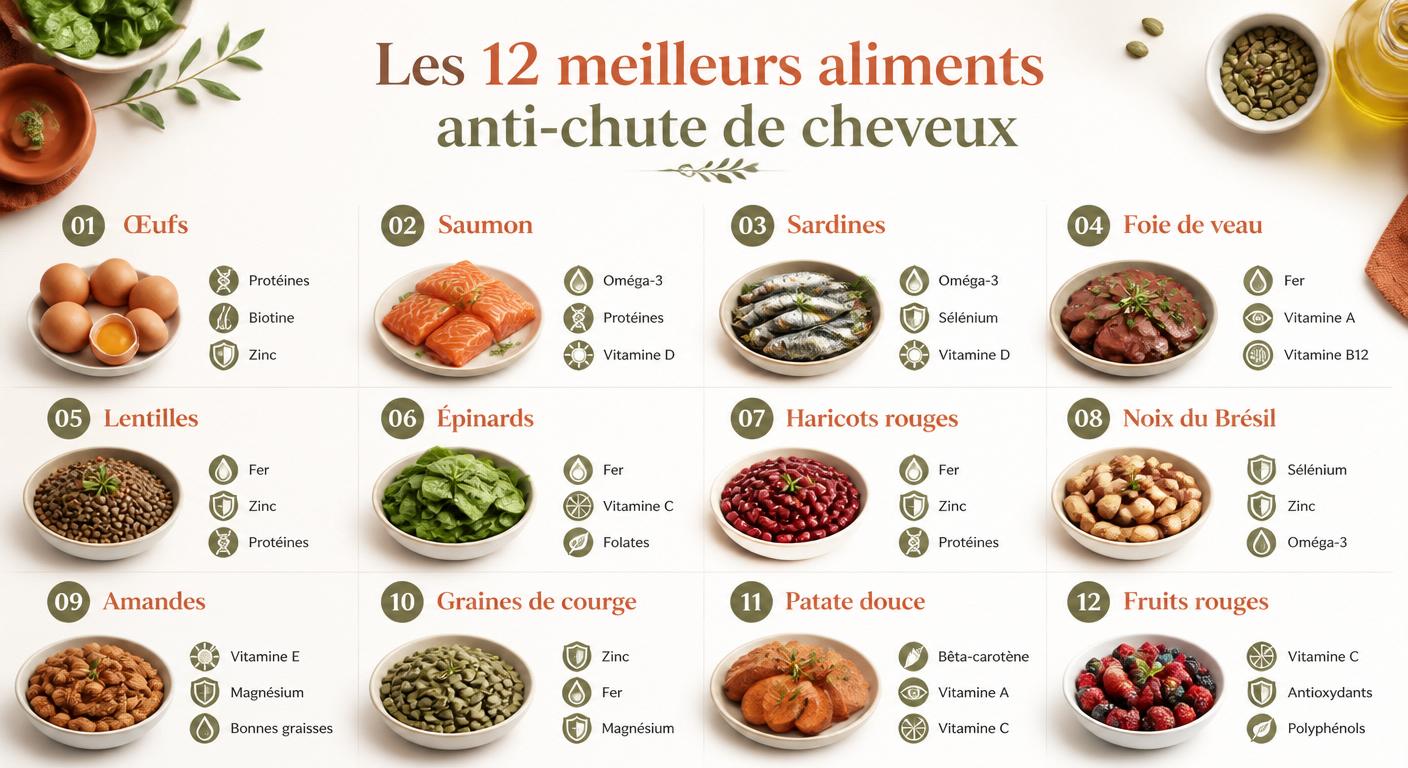 Infographie des 12 meilleurs aliments anti-chute de cheveux