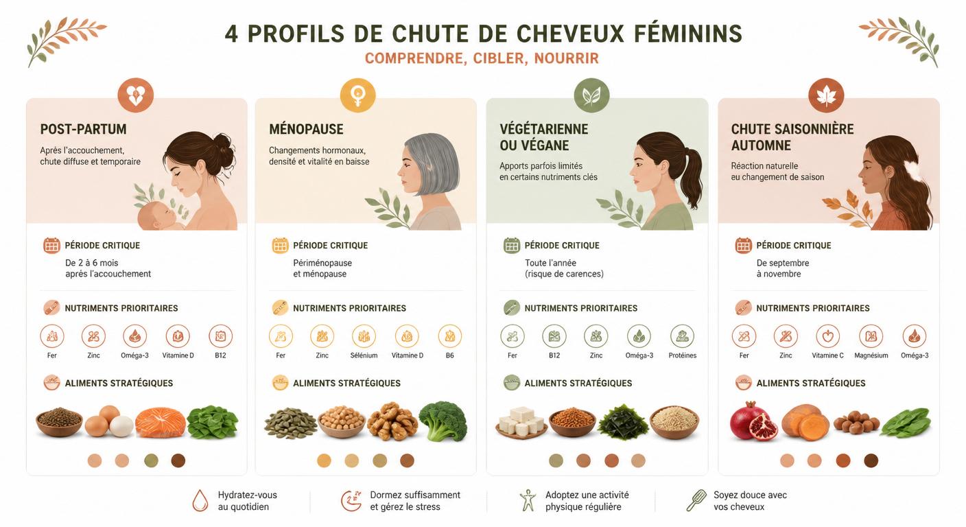 Infographie chute de cheveux par profil et recommandations alimentaires