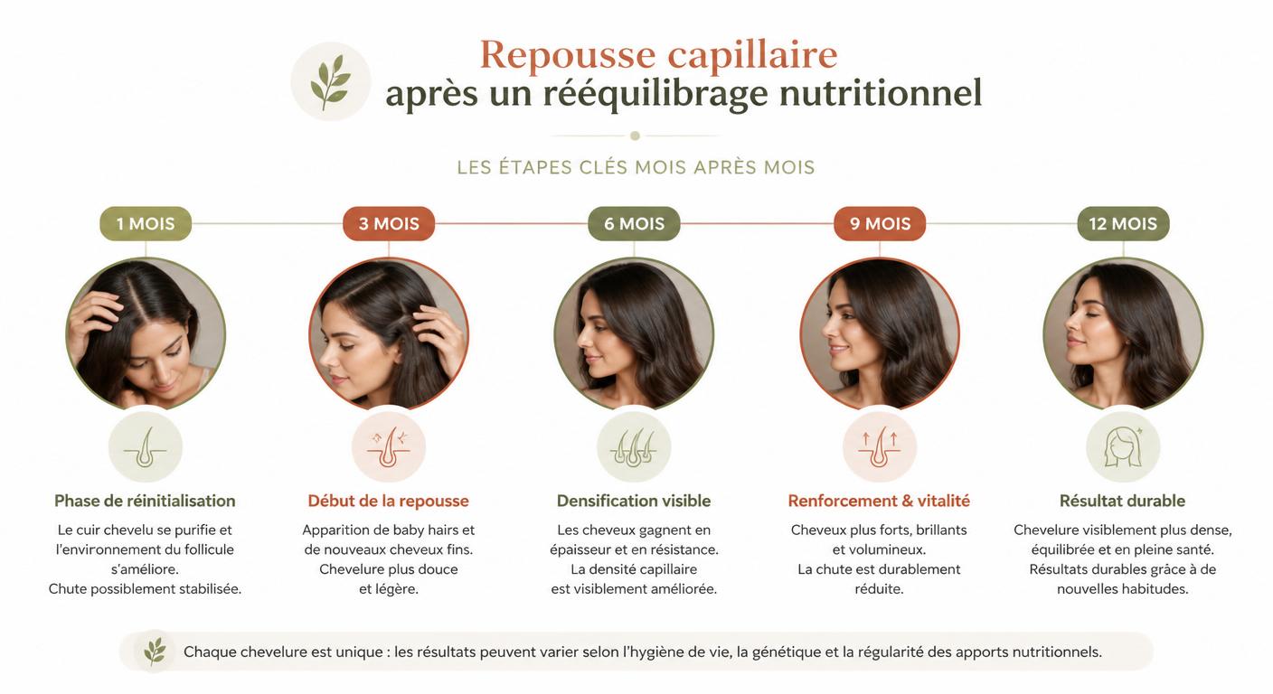 Infographie chronologie de la repousse après rééquilibrage alimentaire