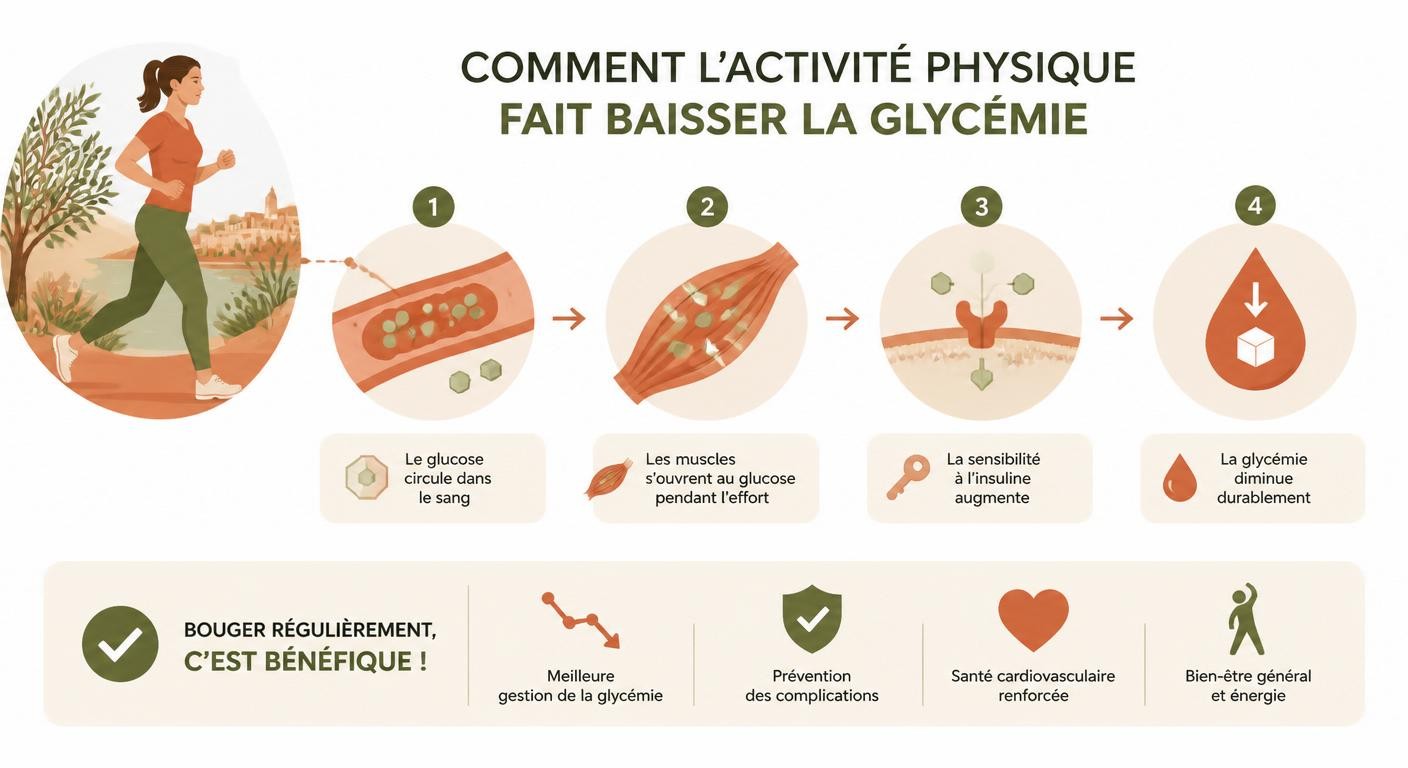 Schéma expliquant comment l'activité physique fait baisser la glycémie