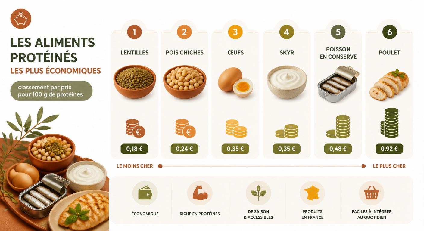 Infographie classant les aliments protéinés économiques par prix pour 100 g de protéines
