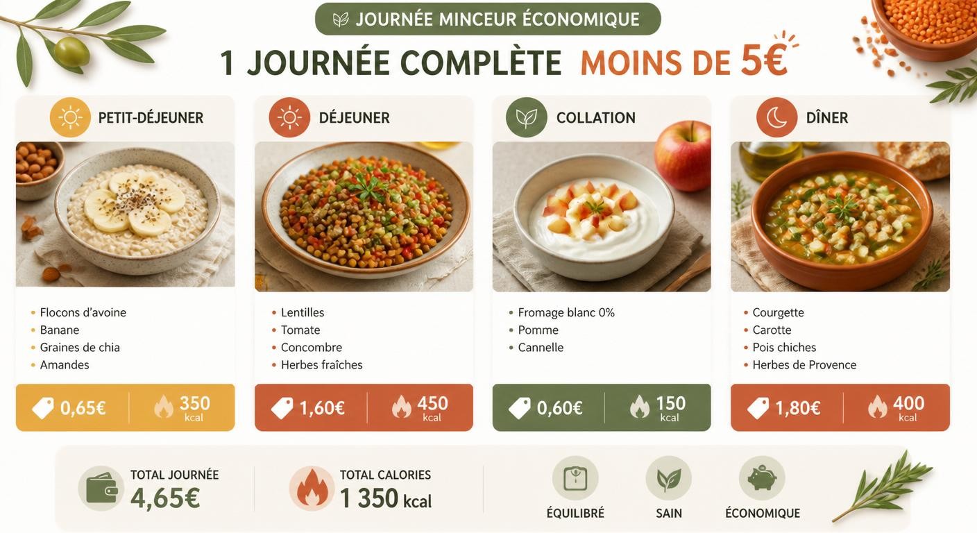 Infographie d'une journée de menu minceur économique à moins de 5 euros