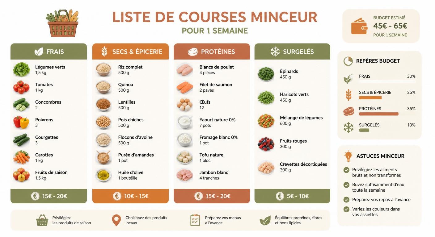 Infographie d'une liste de courses minceur hebdomadaire organisée par rayon avec repères de budget