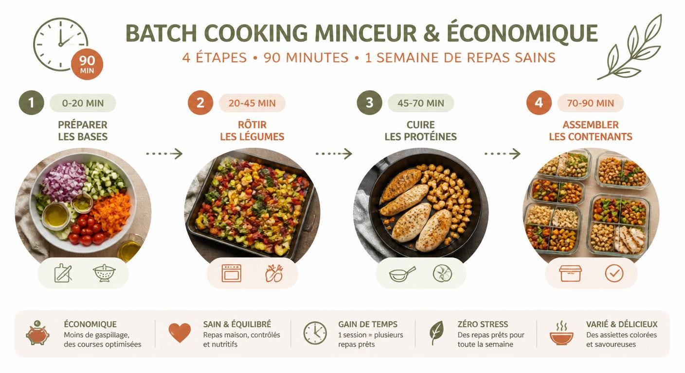 Infographie d'une session de batch cooking minceur économique de 90 minutes