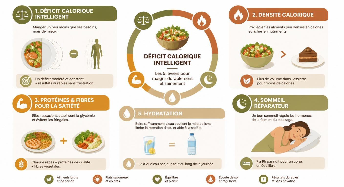 Infographie expliquant le déficit calorique intelligent, la densité calorique et les leviers de satiété