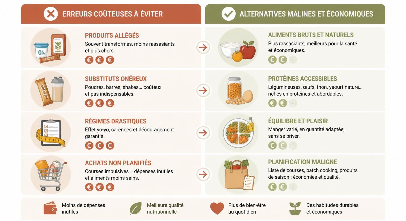 Infographie des erreurs coûteuses à éviter pour maigrir sans se ruiner et leurs alternatives