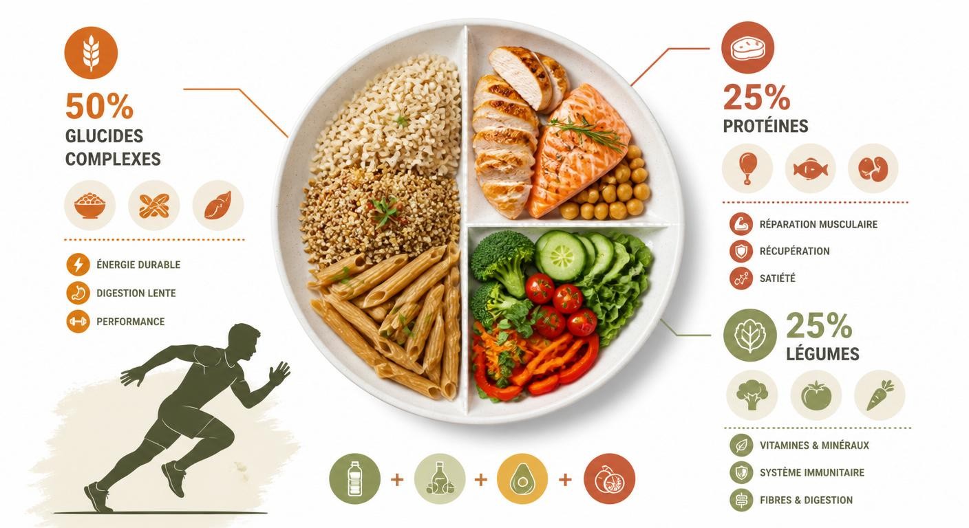 Infographie de la répartition des macronutriments dans l'assiette du jeune sportif