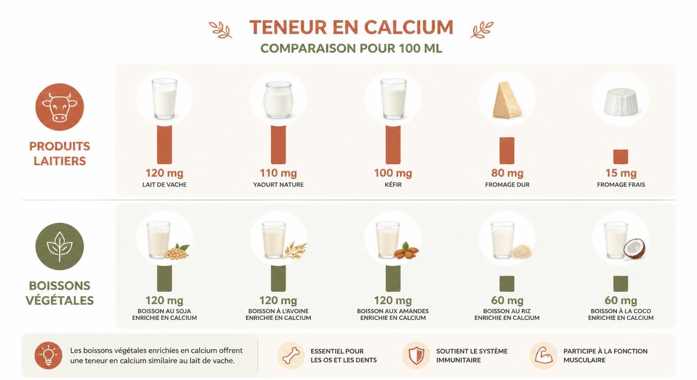 Infographie comparant l'apport en calcium des produits laitiers et des boissons végétales