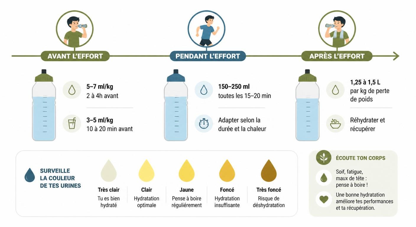 Infographie du plan d'hydratation du jeune sportif avant, pendant et après l'effort