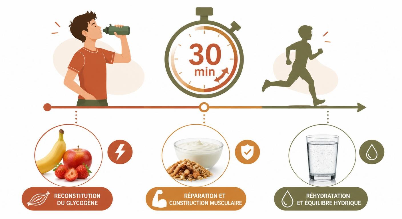 Infographie de la fenêtre de récupération nutritionnelle du jeune sportif dans les 30 minutes après l'effort