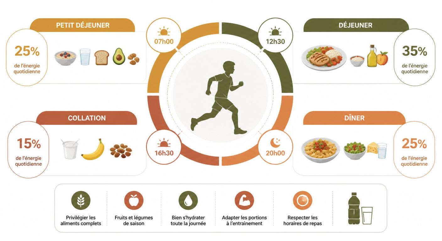 Infographie de la journée alimentaire type du jeune sportif avec répartition énergétique