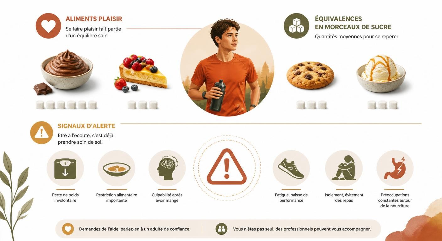Infographie sur les aliments plaisir et les signaux d'alerte chez le jeune sportif