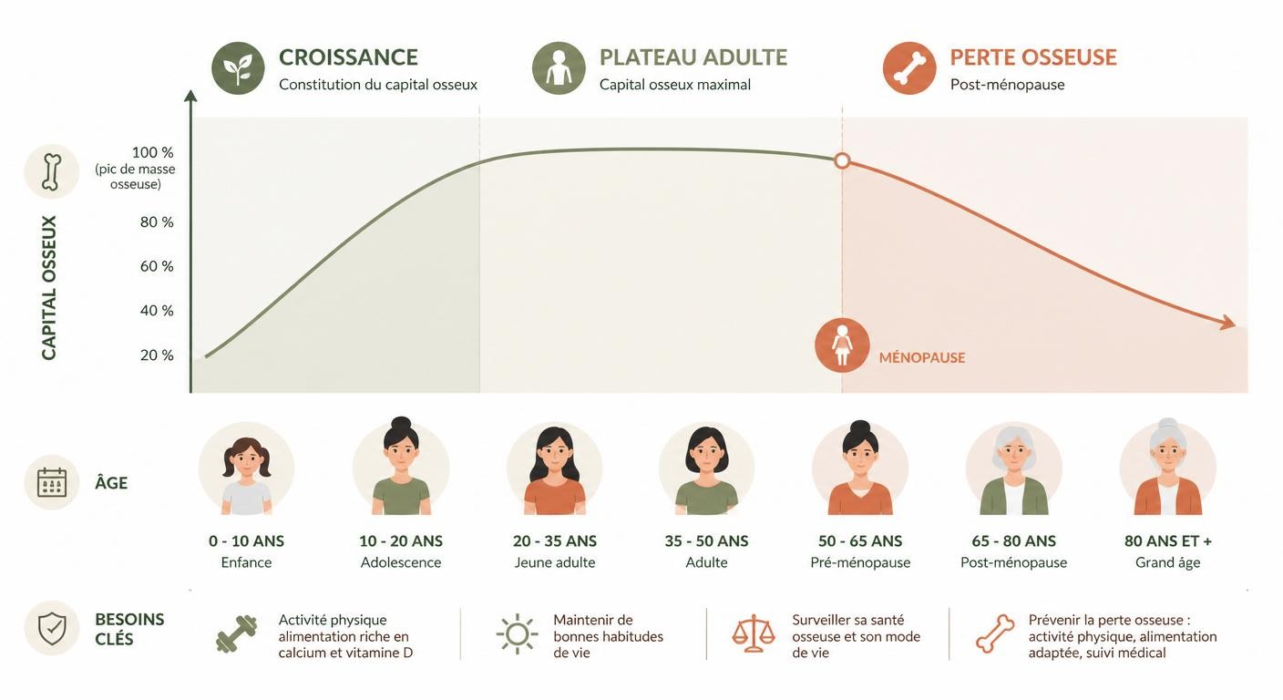 Courbe d'évolution du capital osseux de la femme de l'enfance à la post-ménopause