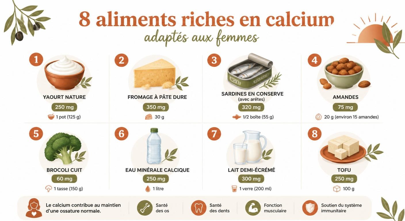 Huit aliments riches en calcium avec leur teneur par portion pour la femme