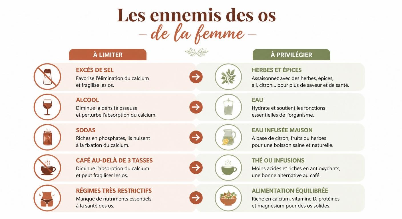 Aliments et habitudes qui fragilisent les os de la femme et leurs alternatives