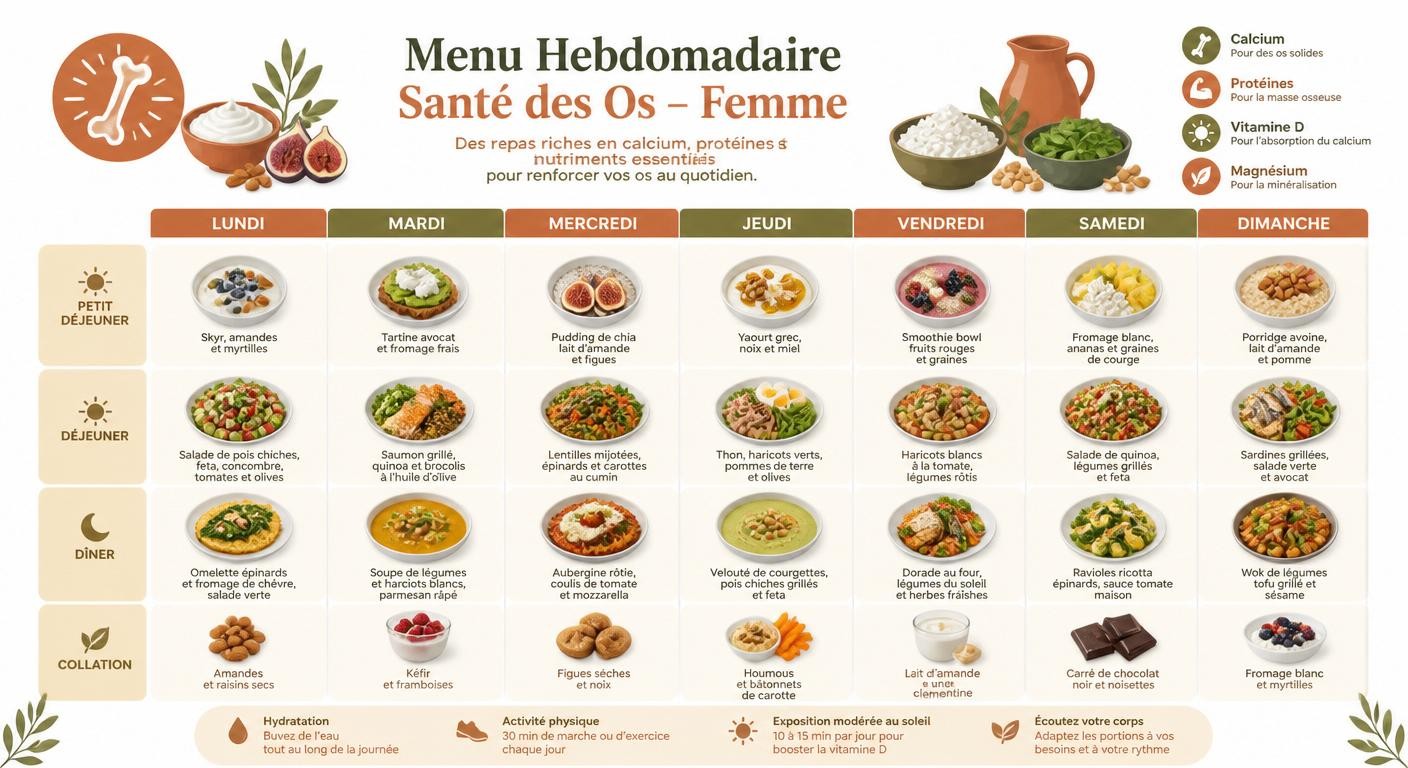 Menu type d'une semaine pour renforcer les os de la femme après la ménopause