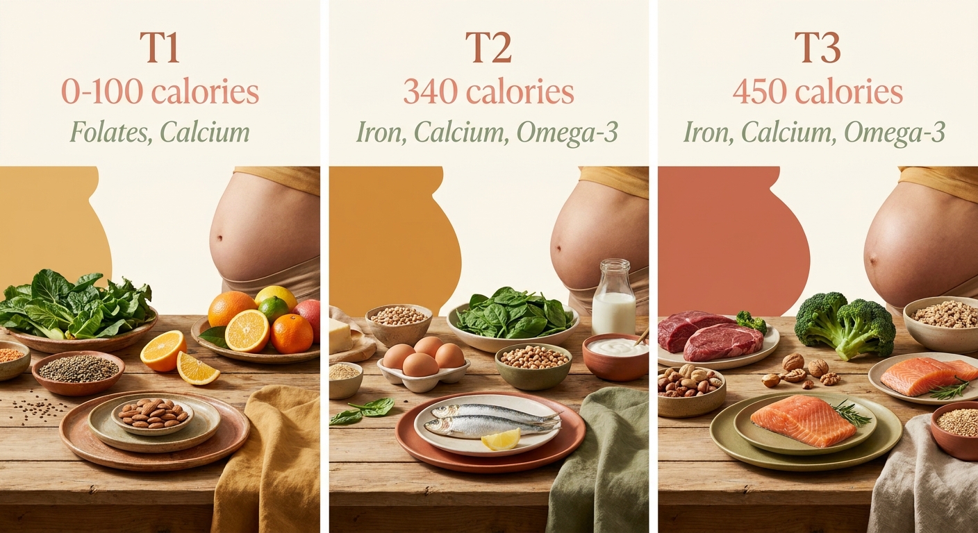 Infographie des besoins caloriques et nutritionnels par trimestre de grossesse